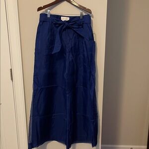 Anthropologie Wide-Leg Satin-Like Navy Pants with Tie Waist